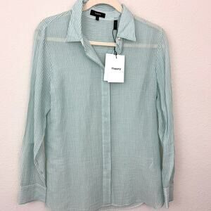 Theory Womens Classic Straight Shirt Size S 100% Organic Cotton Stripe Teal
